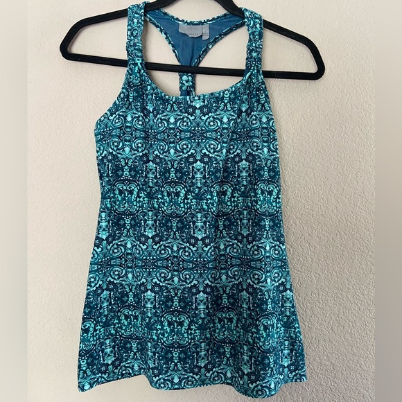 Athleta Women's Fuse Tank Shelf Bra Damask Green Teal Small Athletic Activewear - Picture 1 of 7